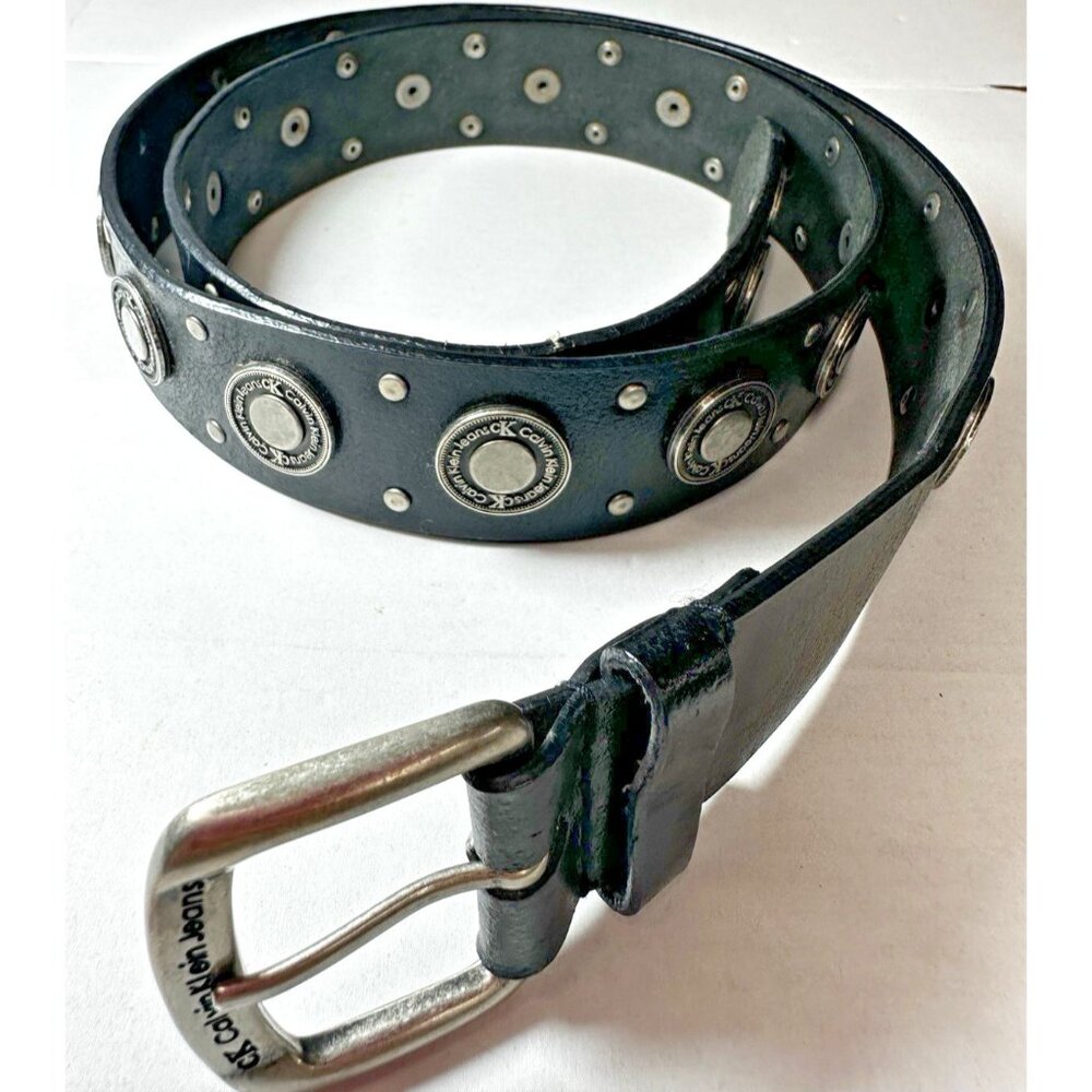 Calvin Klein Belt XL Black Leather Coins Rocker Moto Chic CK Jeans unisex